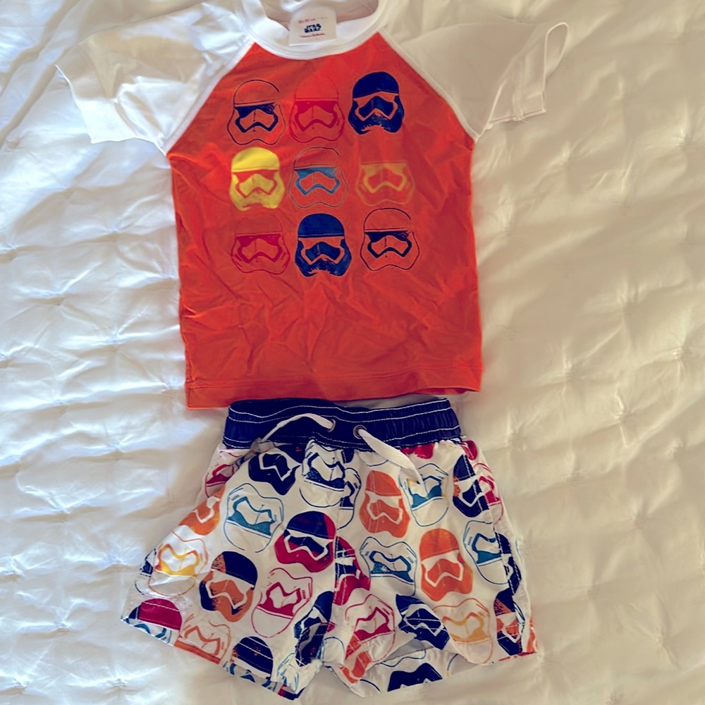 Star Wars storm trooper Hanna Andersson swim trunks and rash guard